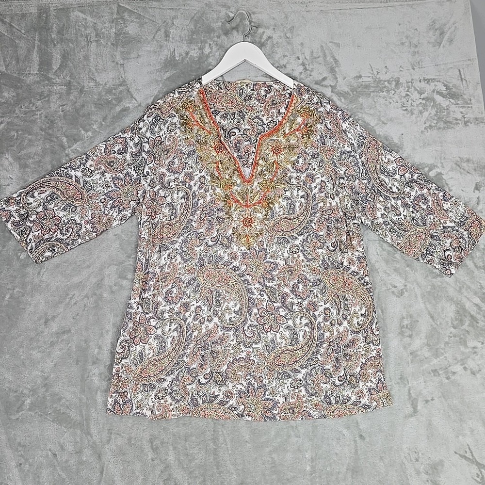 Soft Surroundings Womens  Floral Paisley Beaded V-Neck Tunic Size 1X Boho‎